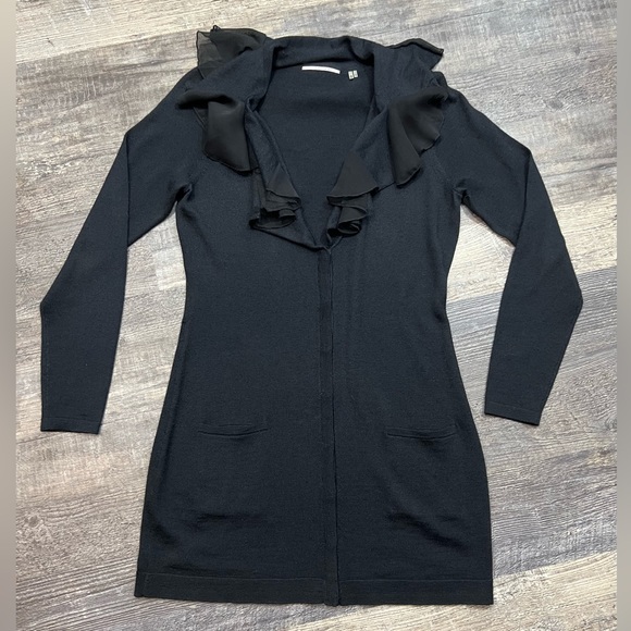 TAHARI Black Wool Mix Chiffon Collar Trim Cardigan Size Small - Picture 2 of 12